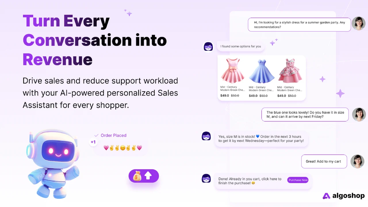 Algoshop AI sales assistant chat: a shopper asks for a summer dress, the bot shows three dresses, confirms size M is in stock and adds it to the cart