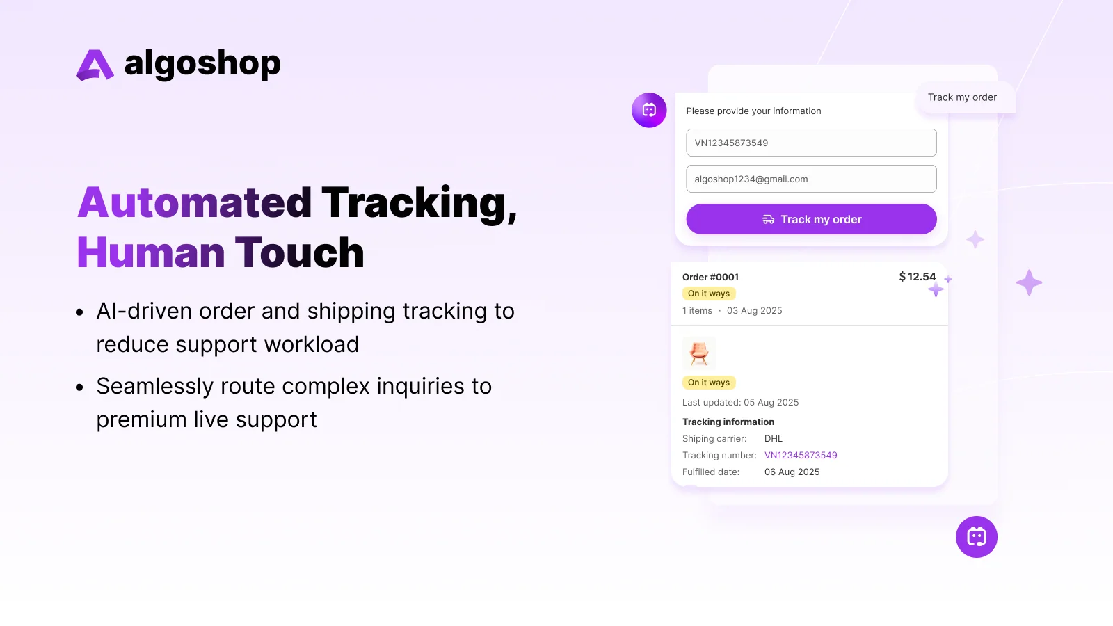 Algoshop Track my order form in the chat with order number and email, and the result showing order status, carrier DHL, tracking number and fulfilled date