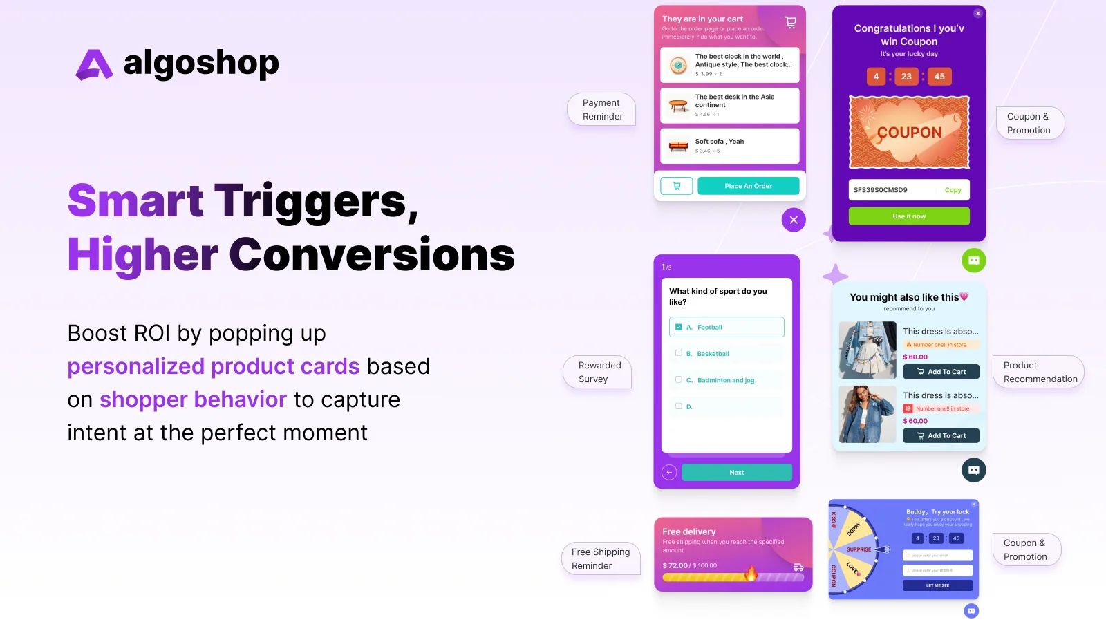 Examples of Algoshop outreach cards: cart reminder, coupon win with countdown, rewarded survey, product recommendations, free shipping progress bar and spin-to-win wheel