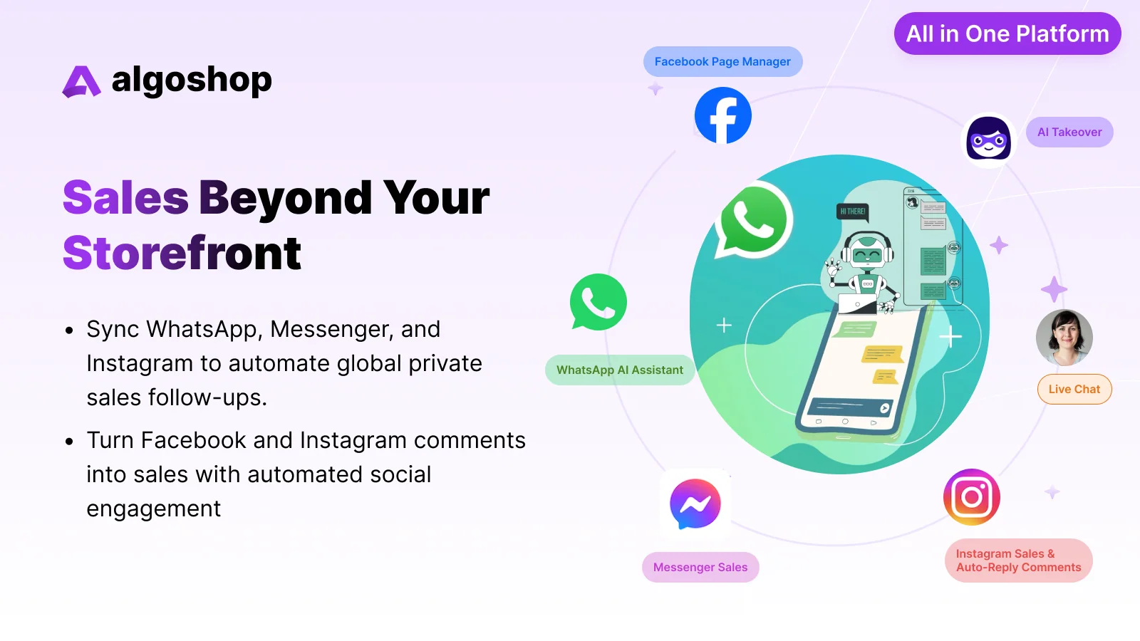 Algoshop connects Facebook Page, WhatsApp, Messenger and Instagram with AI replies and live chat in one platform