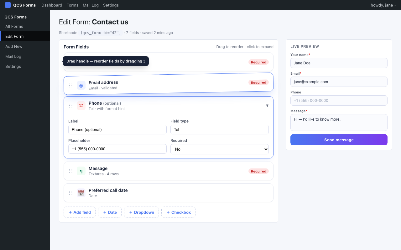 WordPress form editor with drag-and-drop field cards, one being dragged with a tilt and blue border, one expanded showing label/type/placeholder/required controls