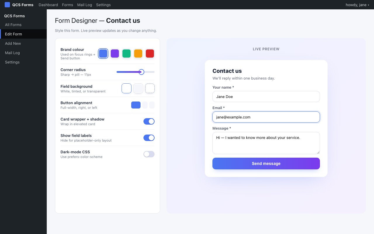 SecureSMTP Designer meta-box showing brand colour swatches, corner radius slider, field background, button alignment, card wrapper toggle, with a live preview of the form on the right