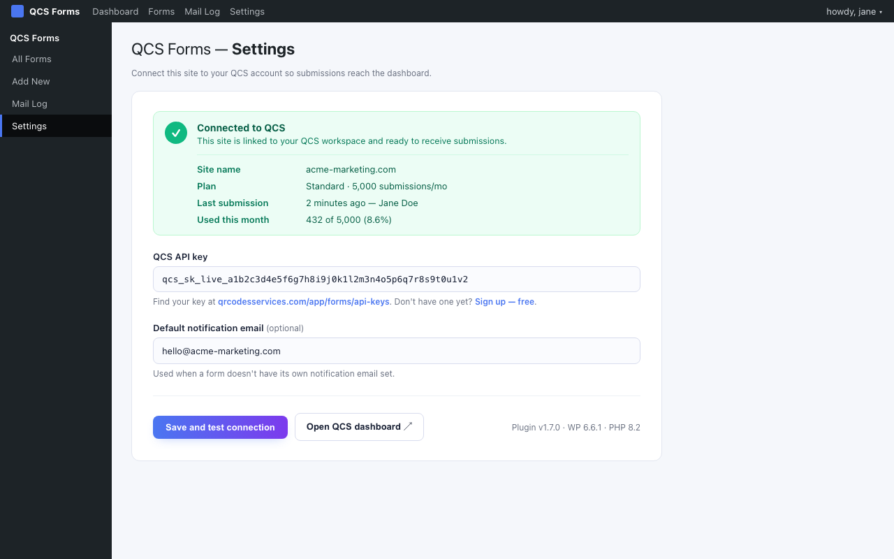 SecureSMTP Settings page in WordPress admin showing Connected to SecureSMTP status with site name, plan, and usage